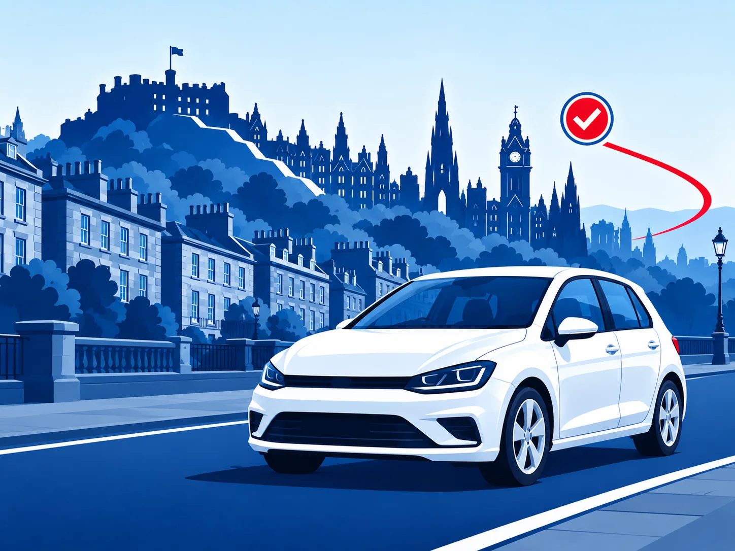 Illustrated car and Edinburgh skyline